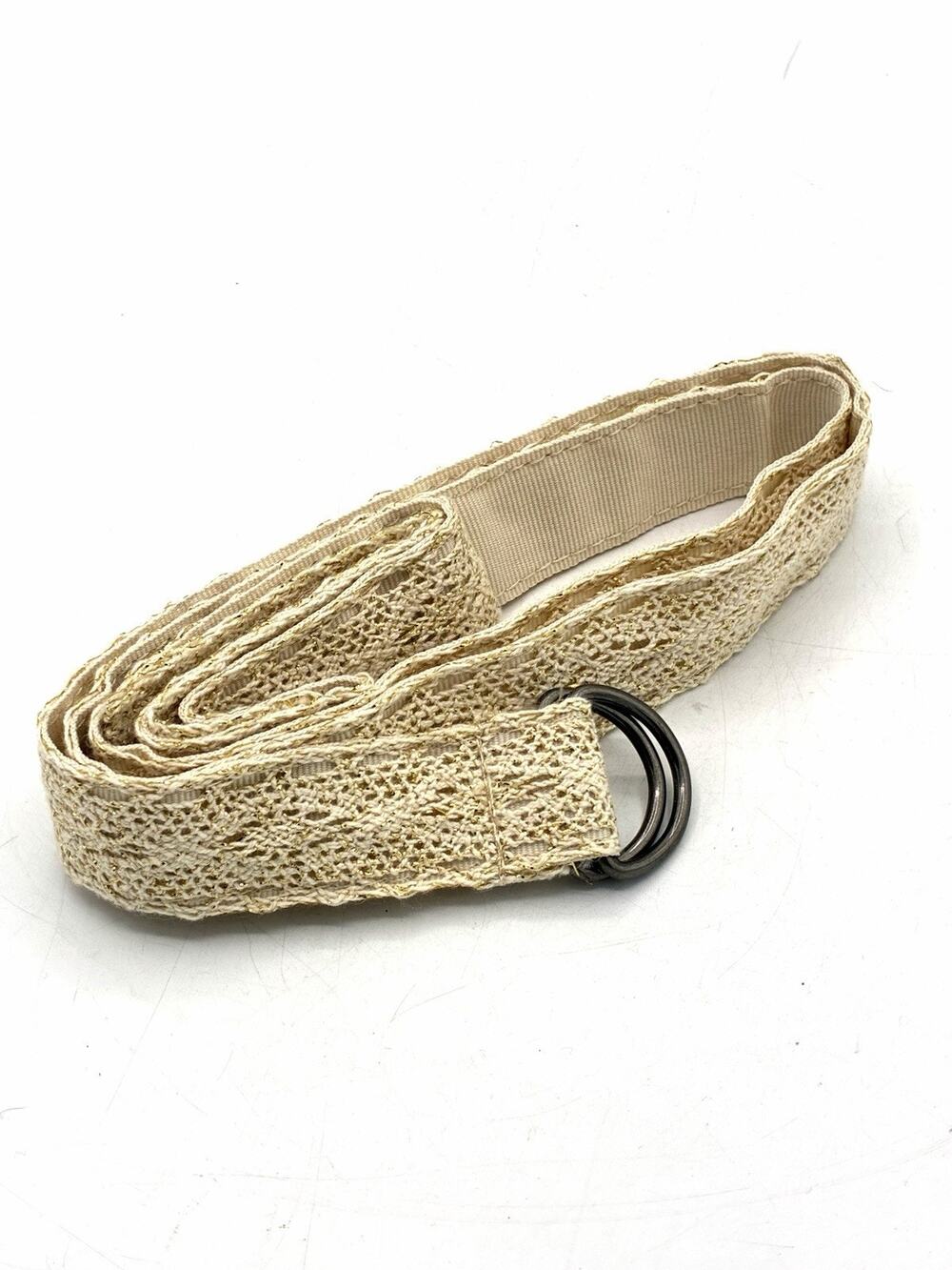 Size 14 Cream Gold Woven Fabric D Ring Belt Metallic Boho Waist Belt